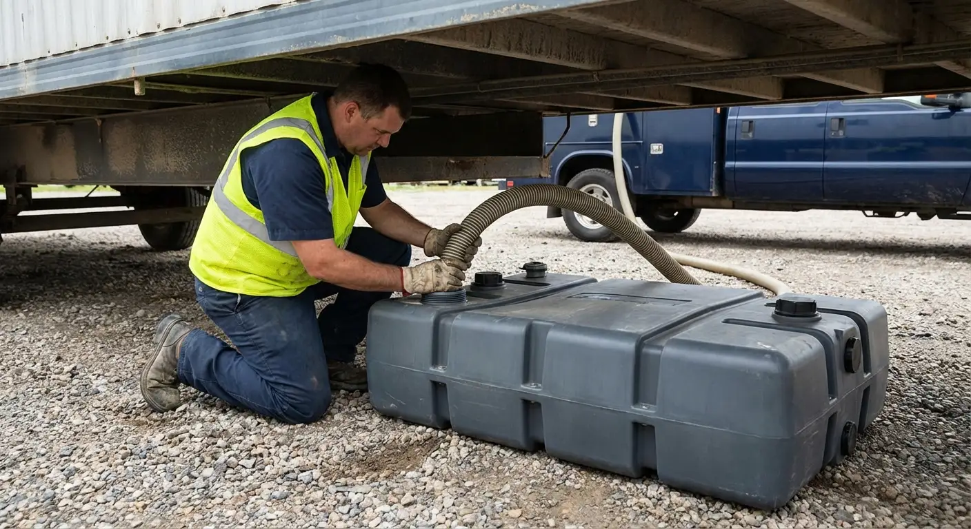 Green Country Sanitation vacuum truck servicing a waste holding tank at a construction site in Tulsa, OK